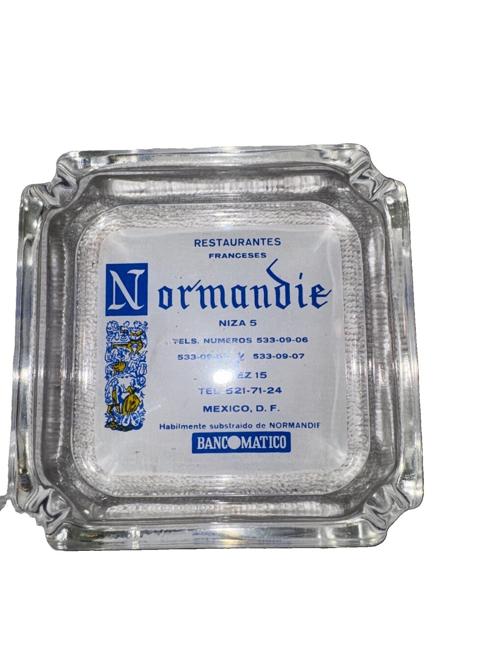 Vintage Rare Normandie Restaurant MEXICO Glass Advertising Ashtray 3.75” sq.
